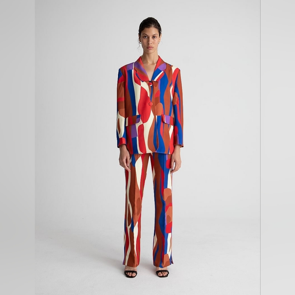 Hosbjerg Greta Adele Blazer Size L Red Blue Geometric Print Statement Jacket